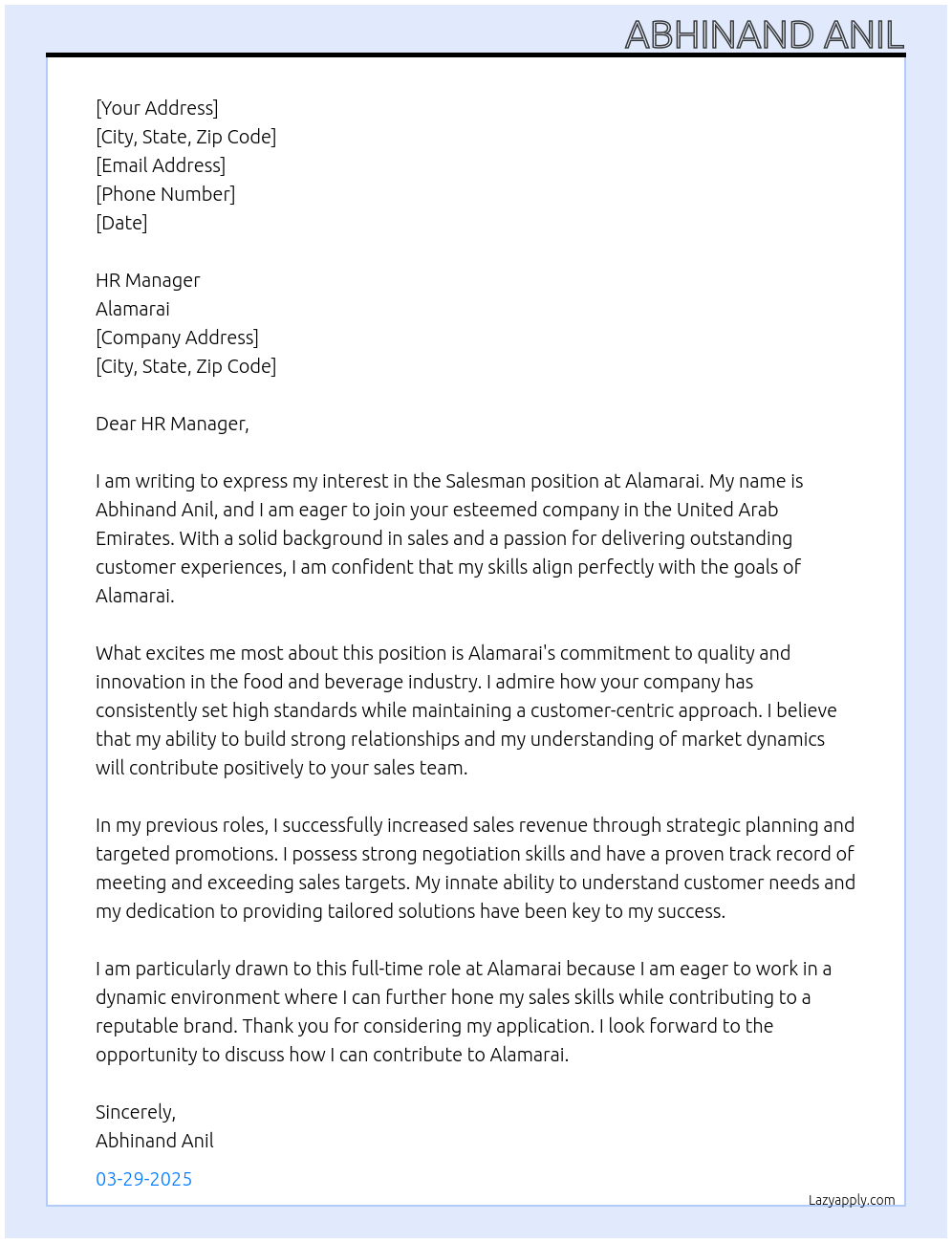 Sales man At Alamarai Cover Letter