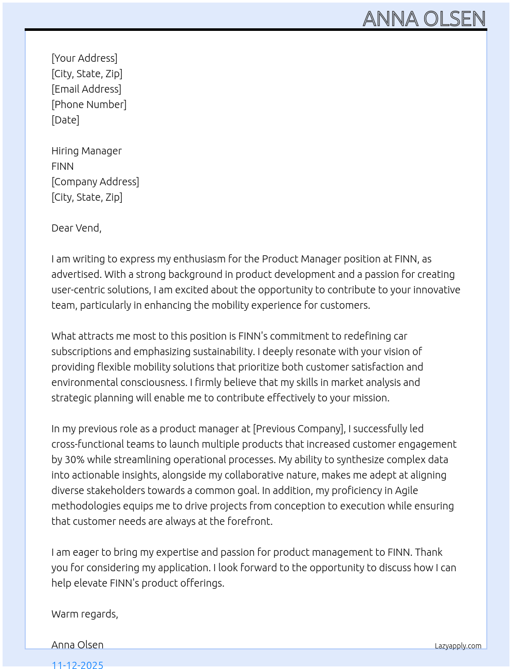 Cover letter for product manager - LazyApply