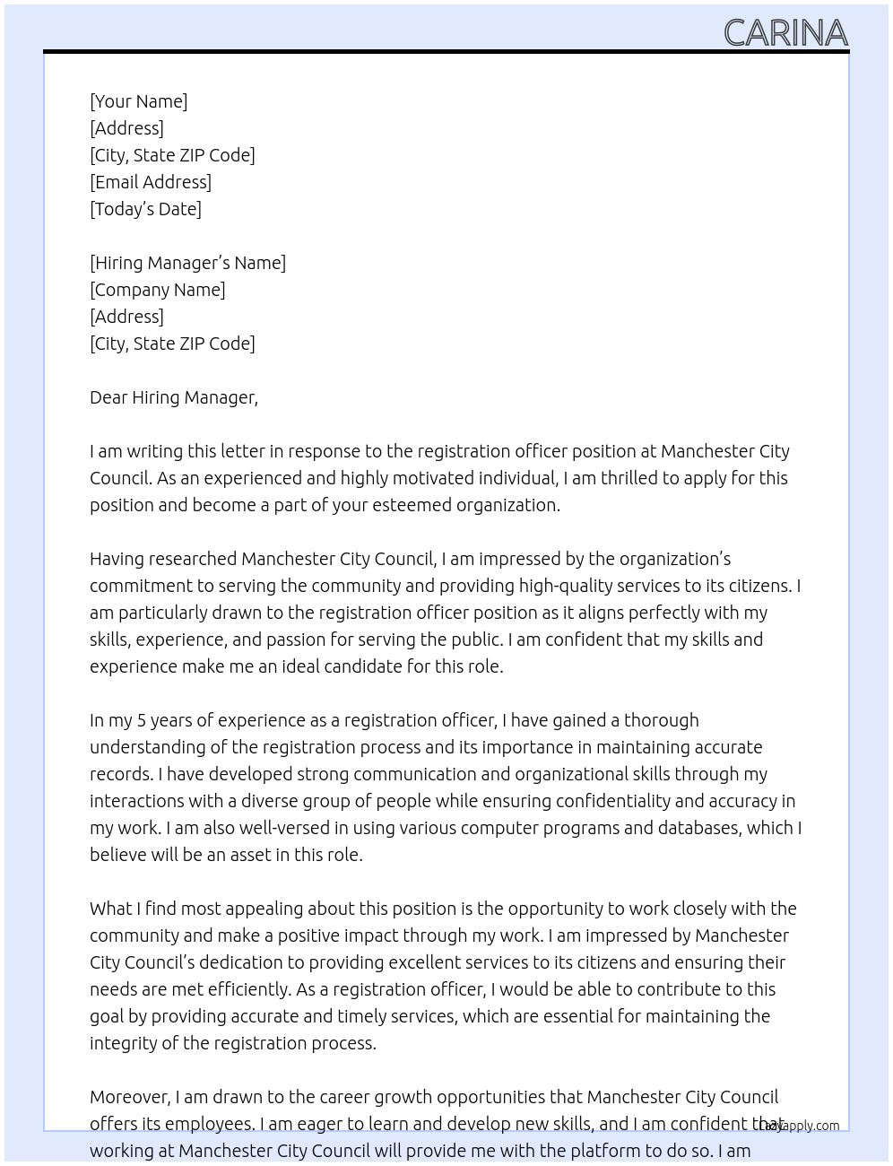 registration officer At Manchester city council Cover Letter