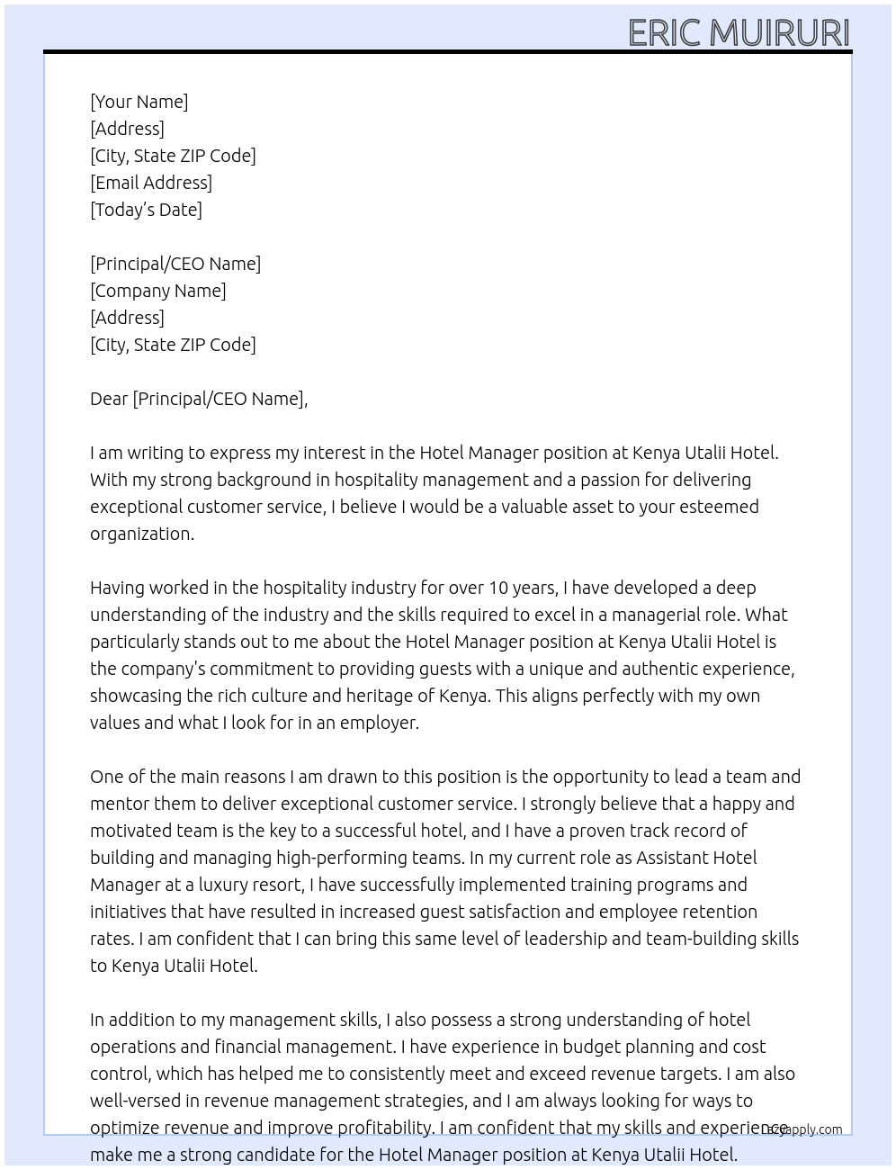 Hotel Manager At Kenya Utalii Hotel Cover Letter