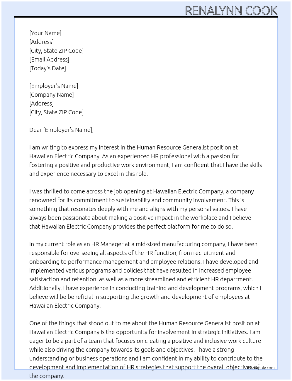Human Resource - Generalist At Hawaiian Electric Company Cover Letter