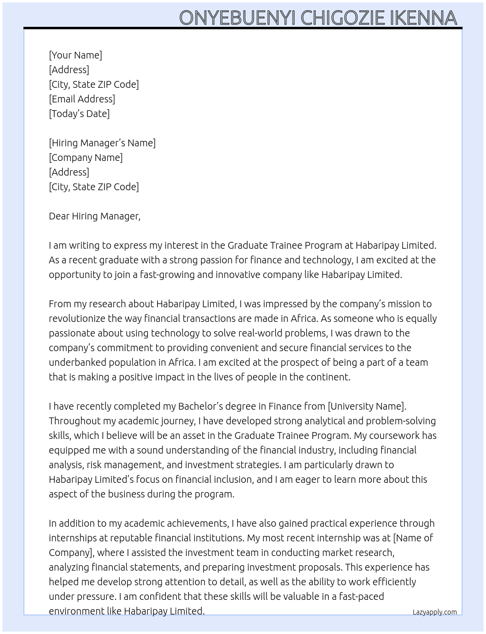 Graduate Trainee Program At Habaripay Limited Cover Letter