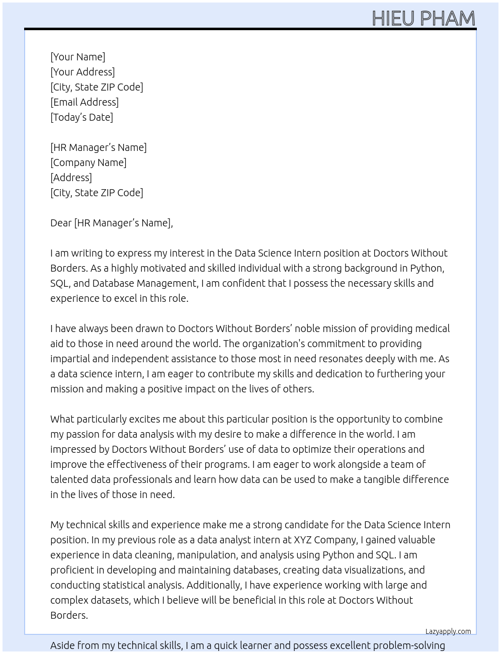 Data Science Intern At Doctors Without Borders Cover Letter