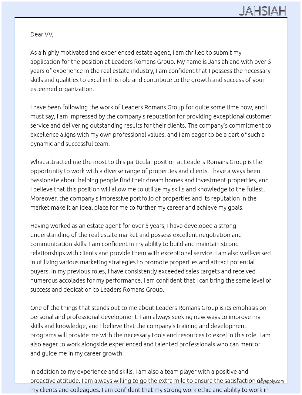 estate agent At Leaders Romans Group Cover Letter