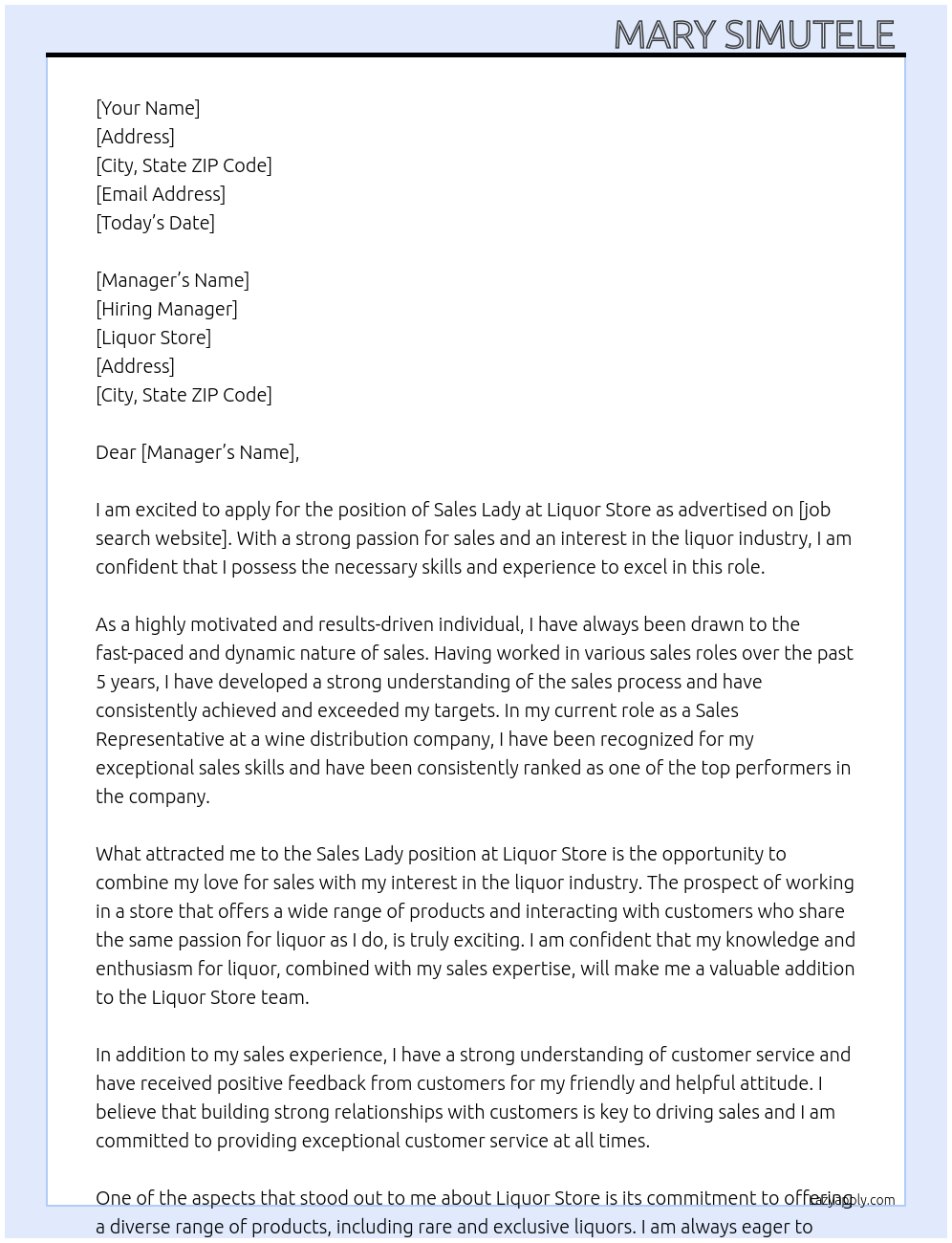 Sales lady At Liquor store Cover Letter