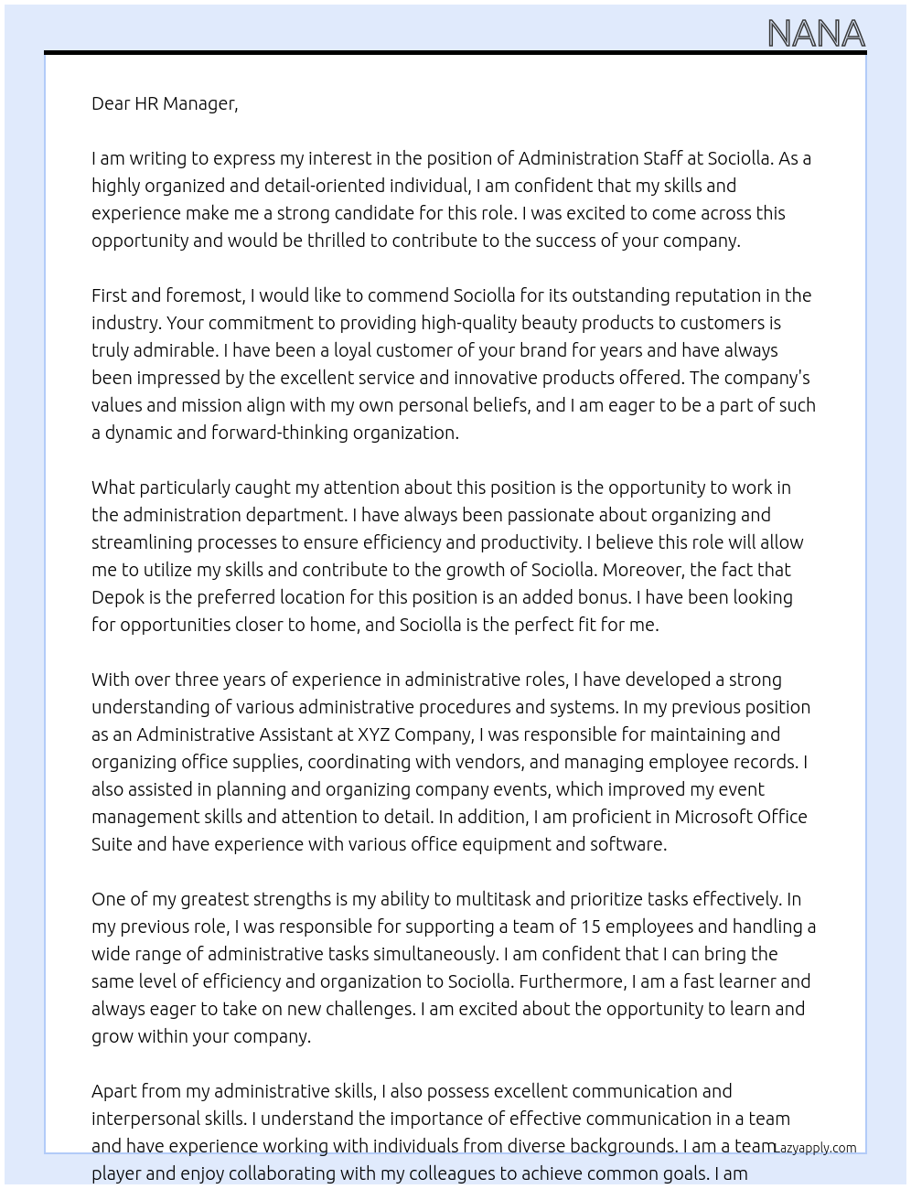 Administration staff At Sociolla Cover Letter