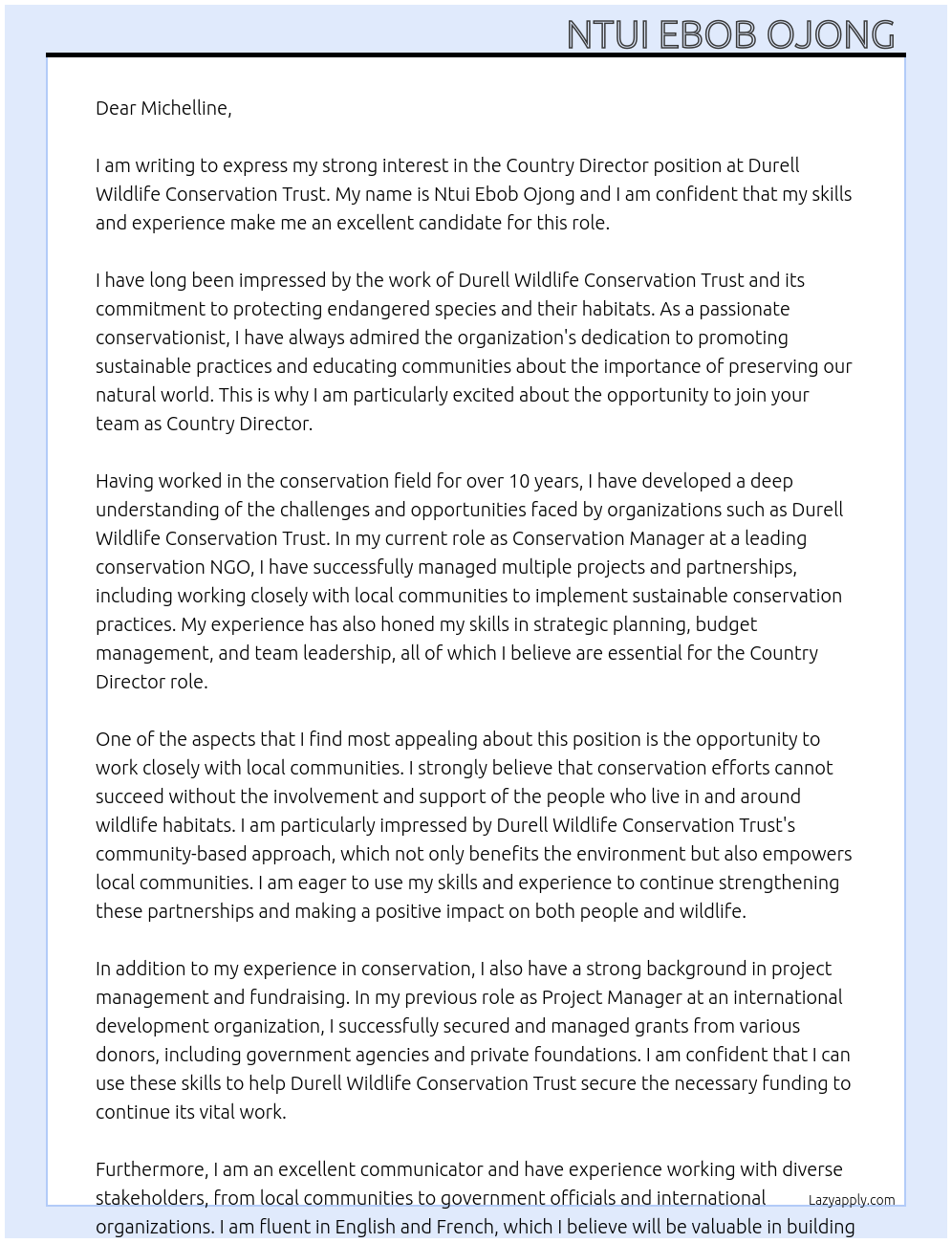 Country Director At Durell wildlife conservation trust Cover Letter