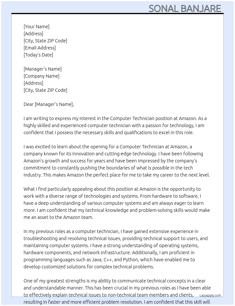 Computer technician At Amazon Cover Letter