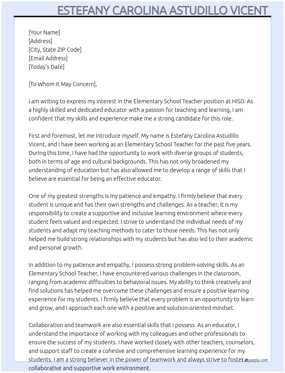 Elementary school teacher At HISD Cover Letter