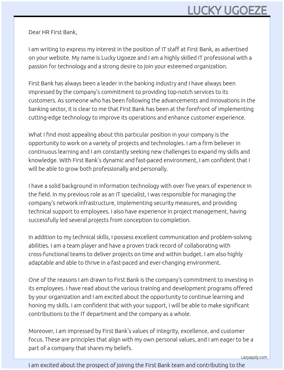 IT staff At First Bank Cover Letter