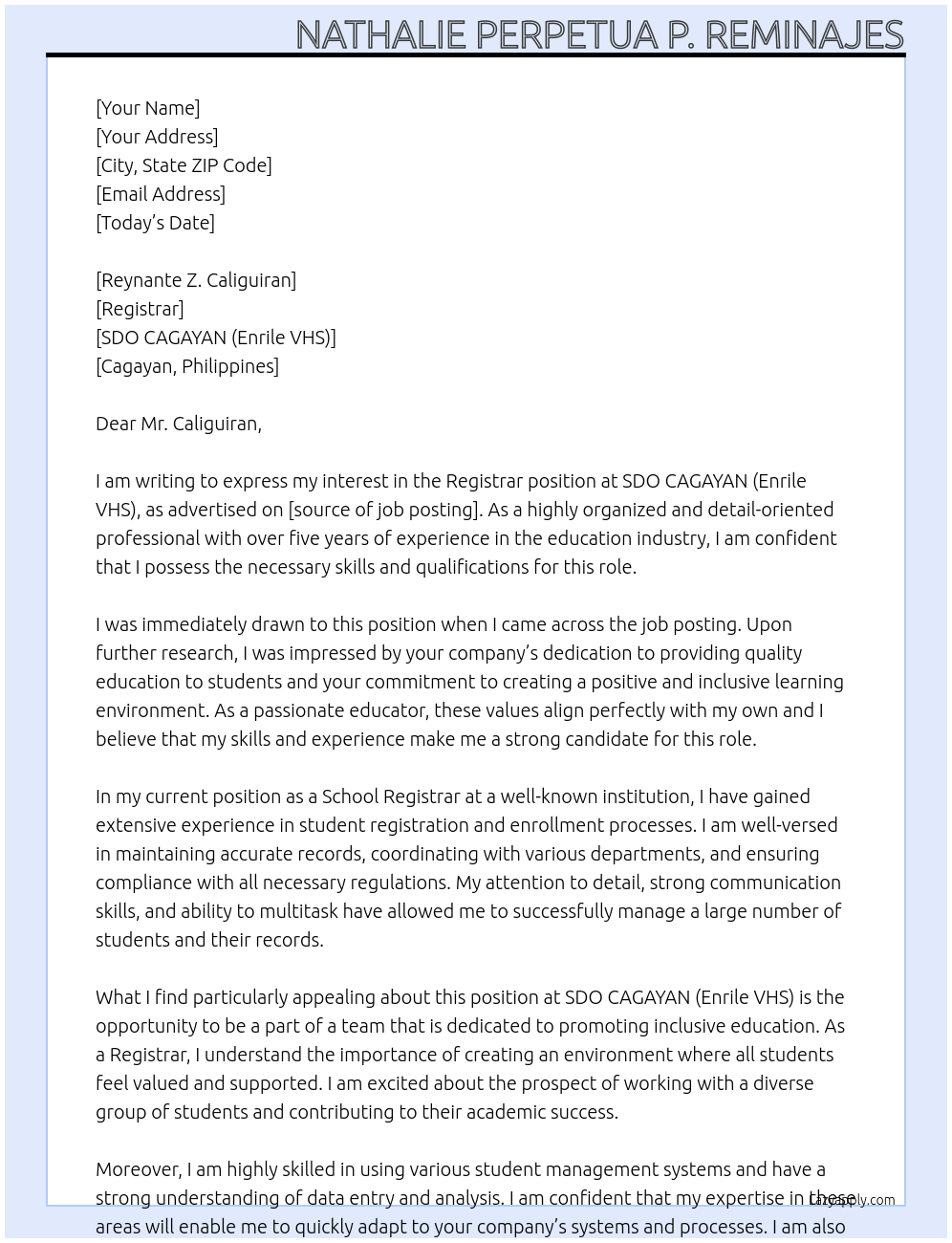 Registrar At SDO CAGAYAN (Enrile VHS) Cover Letter