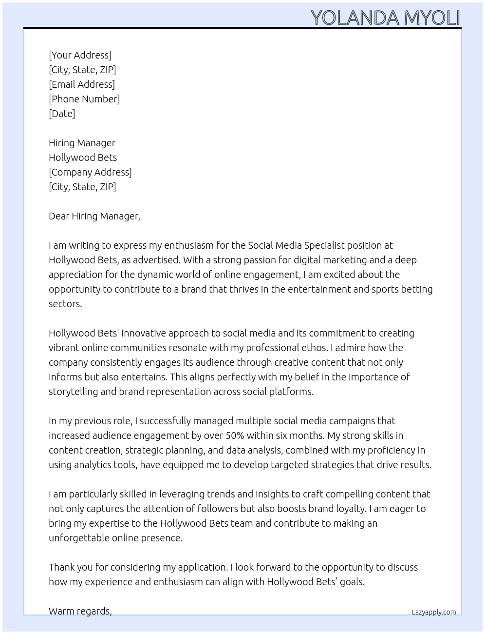 Cover letter for social media specialist - LazyApply