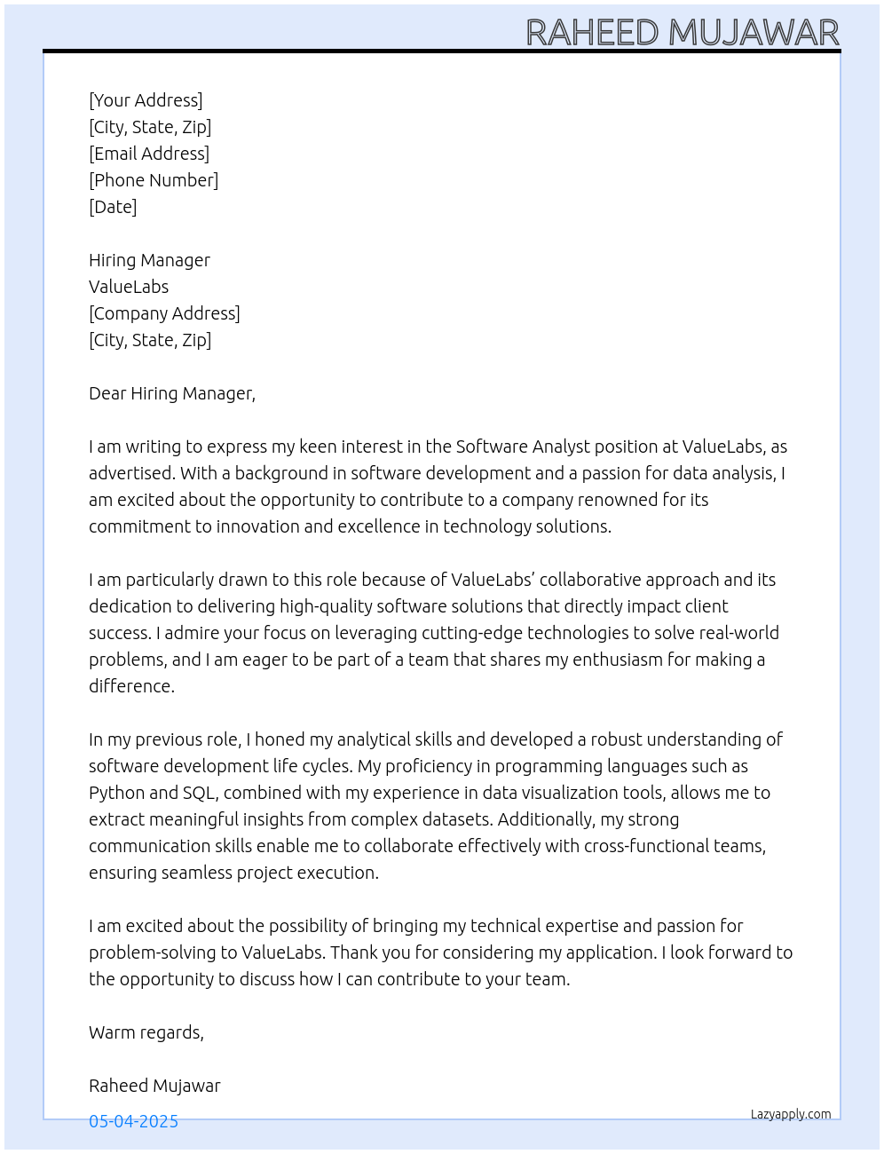 Software Analyst At ValueLabs Cover Letter