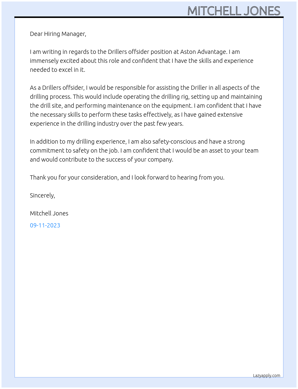 Drillers offsider At Aston Advantage Cover Letter