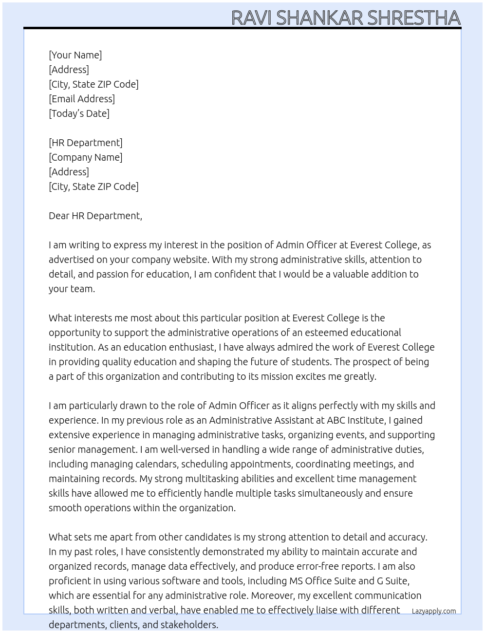Admin officer At Everest College Cover Letter