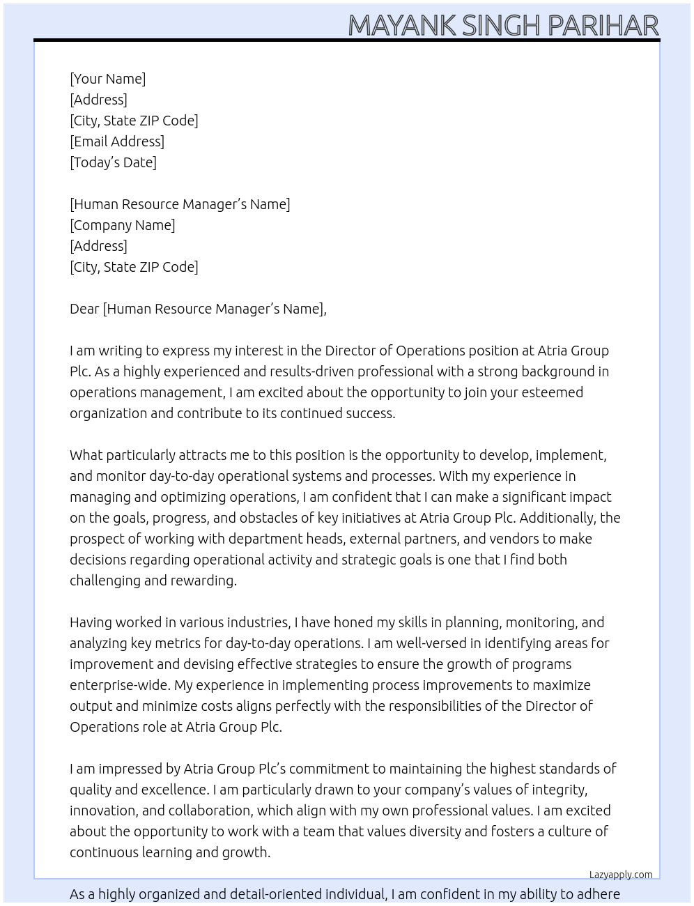 Director Operations At Atria Group Plc Cover Letter