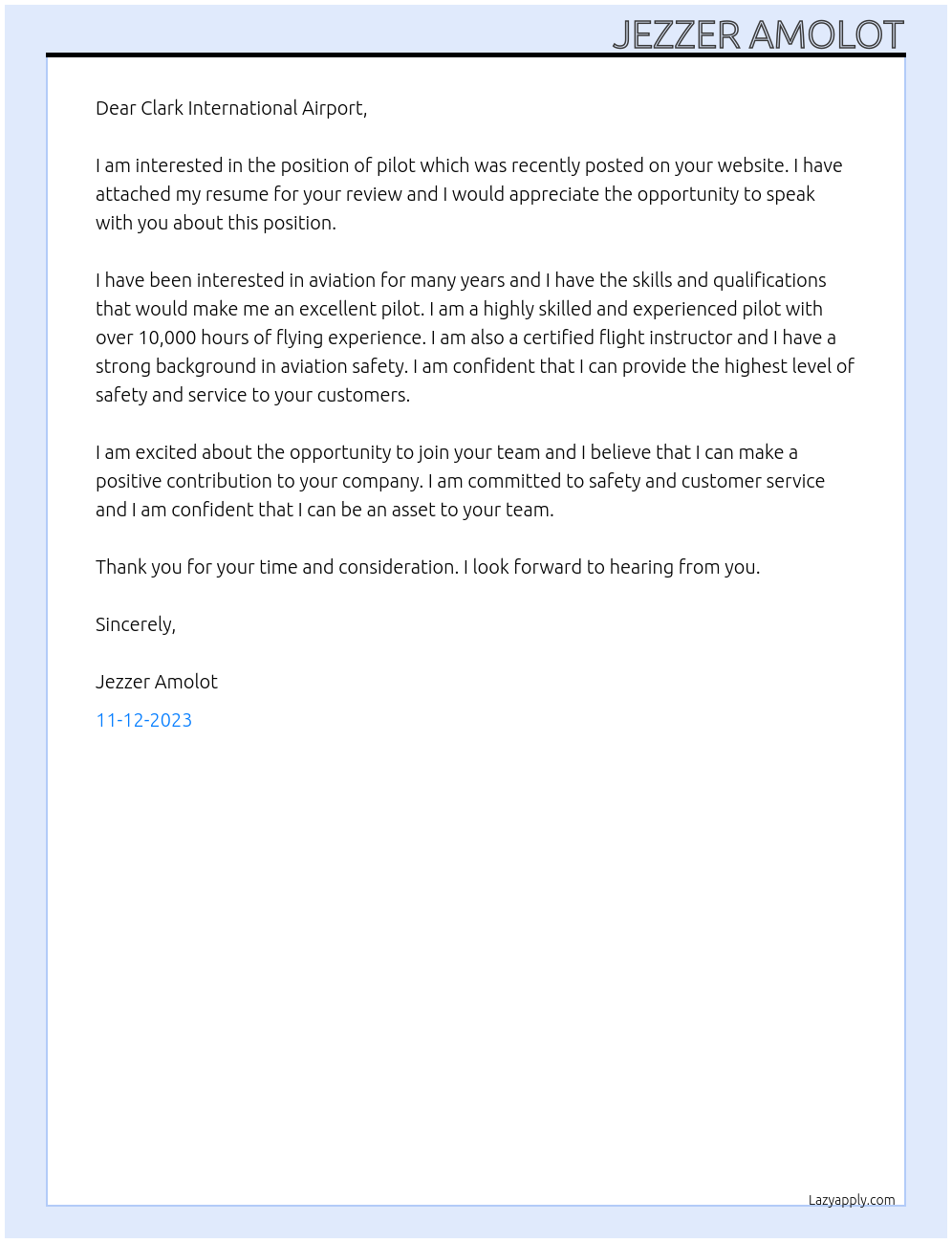 Pilot At Clark international airport  Cover Letter