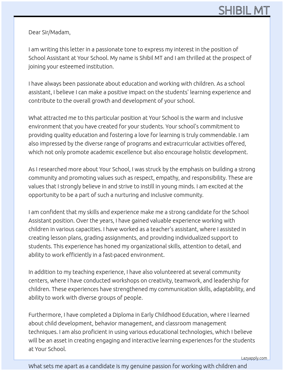 School assistant At Your school Cover Letter