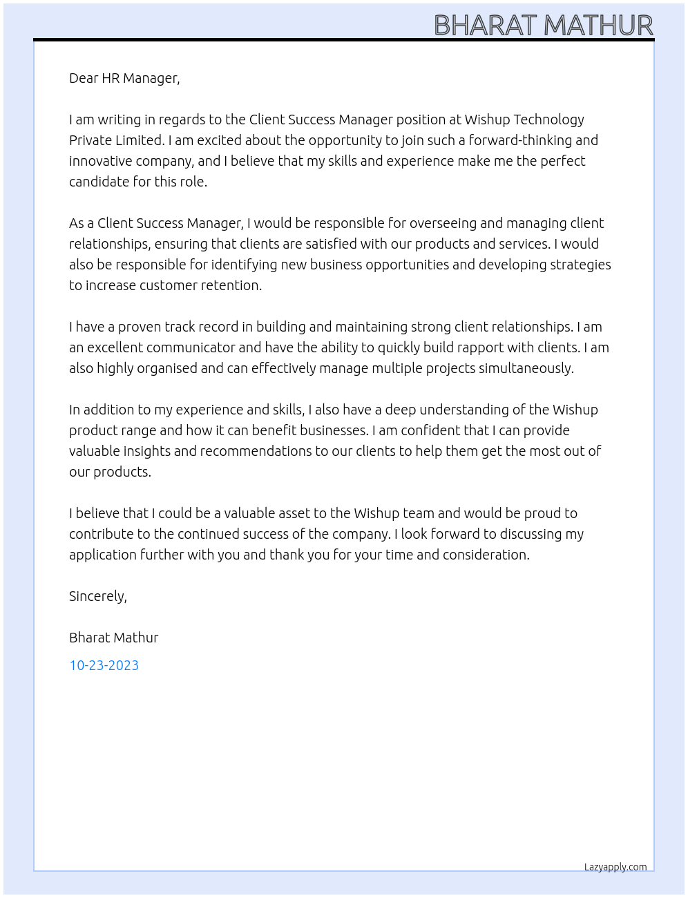 Client Success Manager At Wishup Technology Private Limited Cover Letter