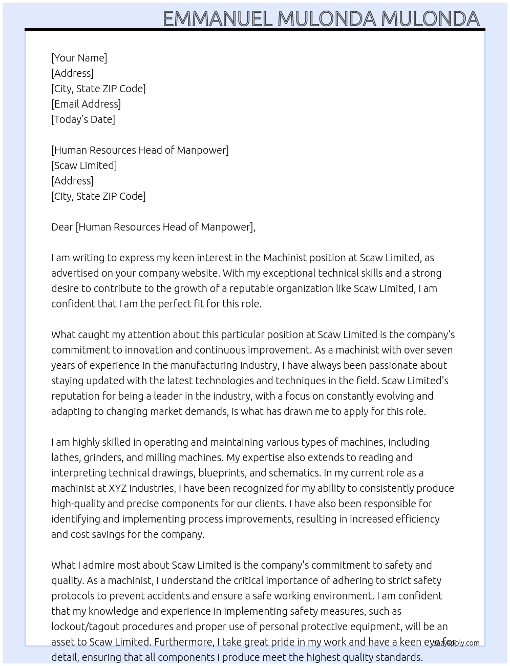 Machinist  At Scaw Limited  Cover Letter