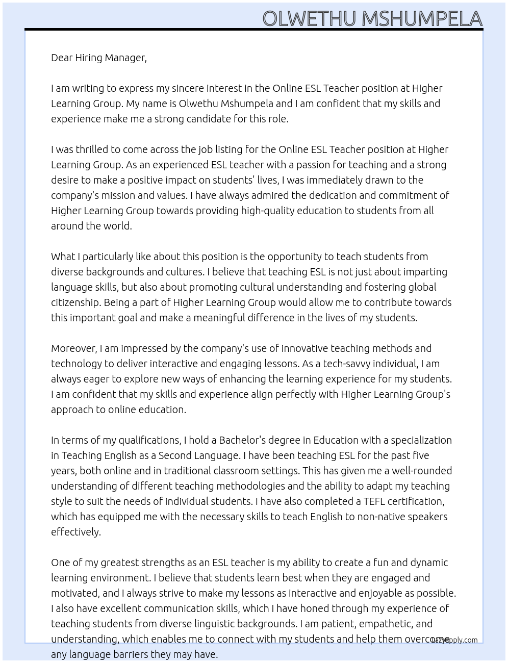 Online ESL Teacher At Higher Learning Group Cover Letter