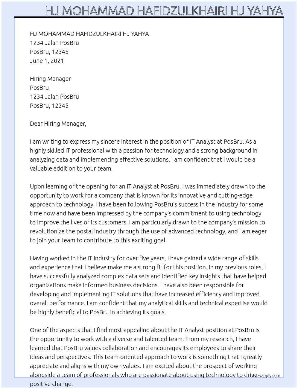 IT Analyst At PosBru Cover Letter