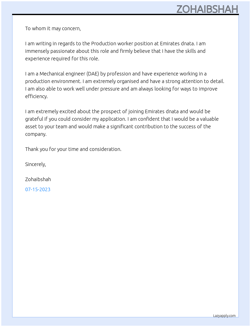 Production worker At Emirates dnata Cover Letter