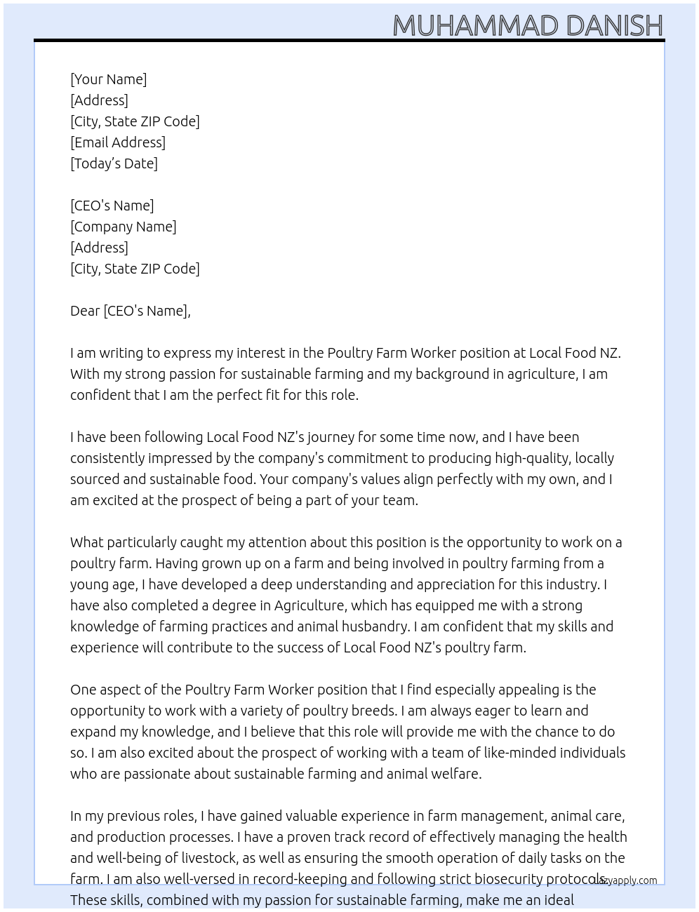 Poultry Farm Worker At Local Food NZ Cover Letter