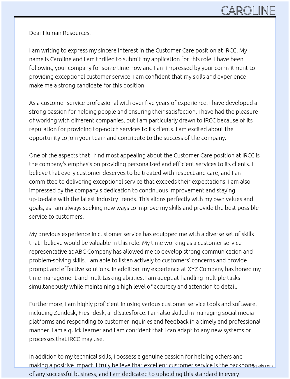 customer care At IRCC Cover Letter