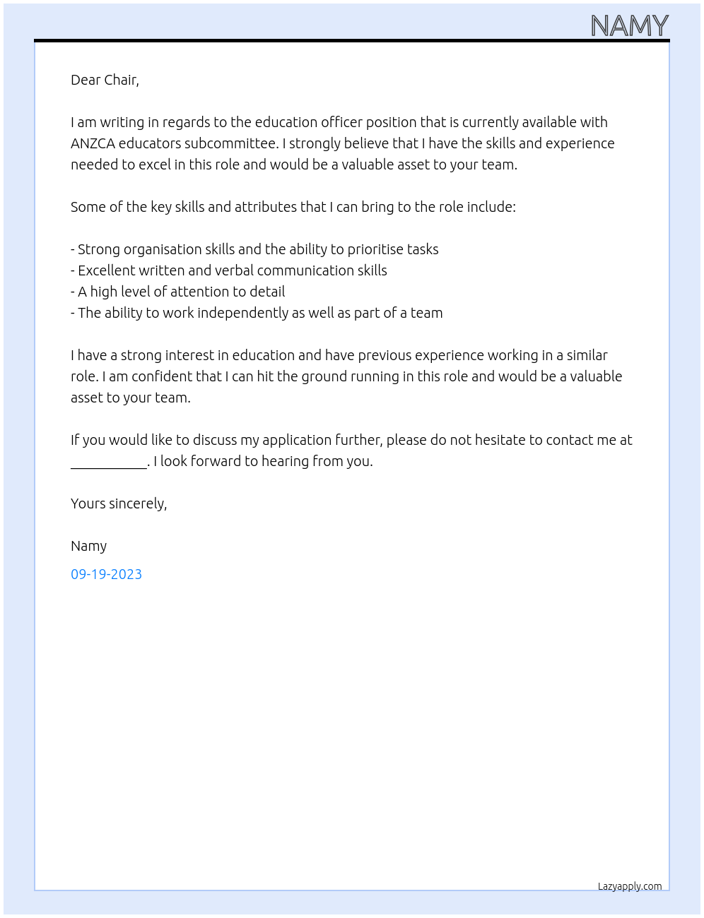 education officer At ANZCA educators subcommittee Cover Letter