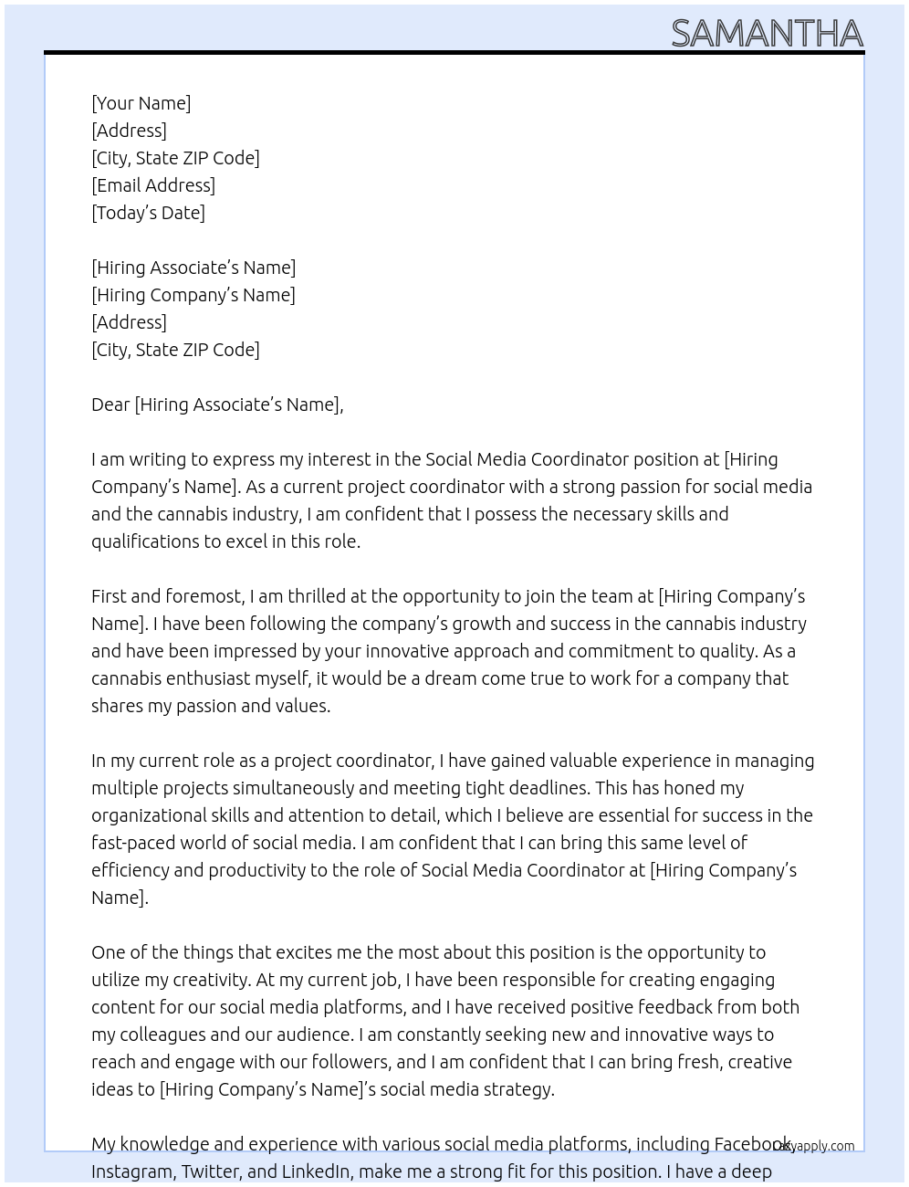 Social Media Coordinator At Blazy Susan Cover Letter