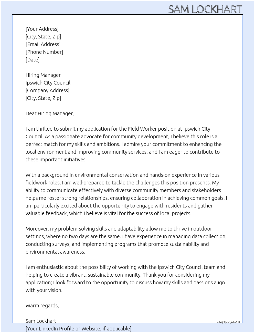 Cover letter for field worker - LazyApply