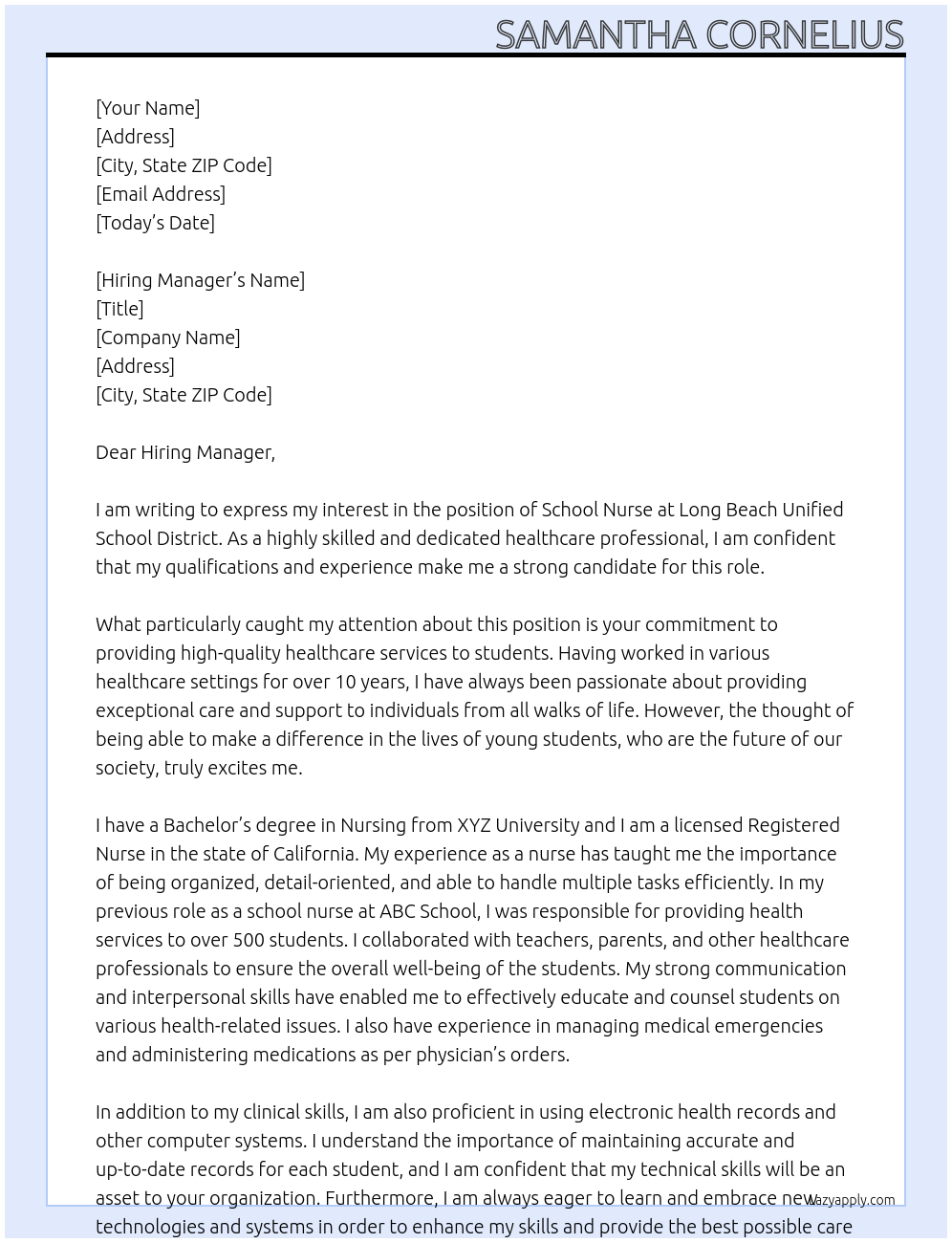 School nurse At Long Beach unified school district Cover Letter