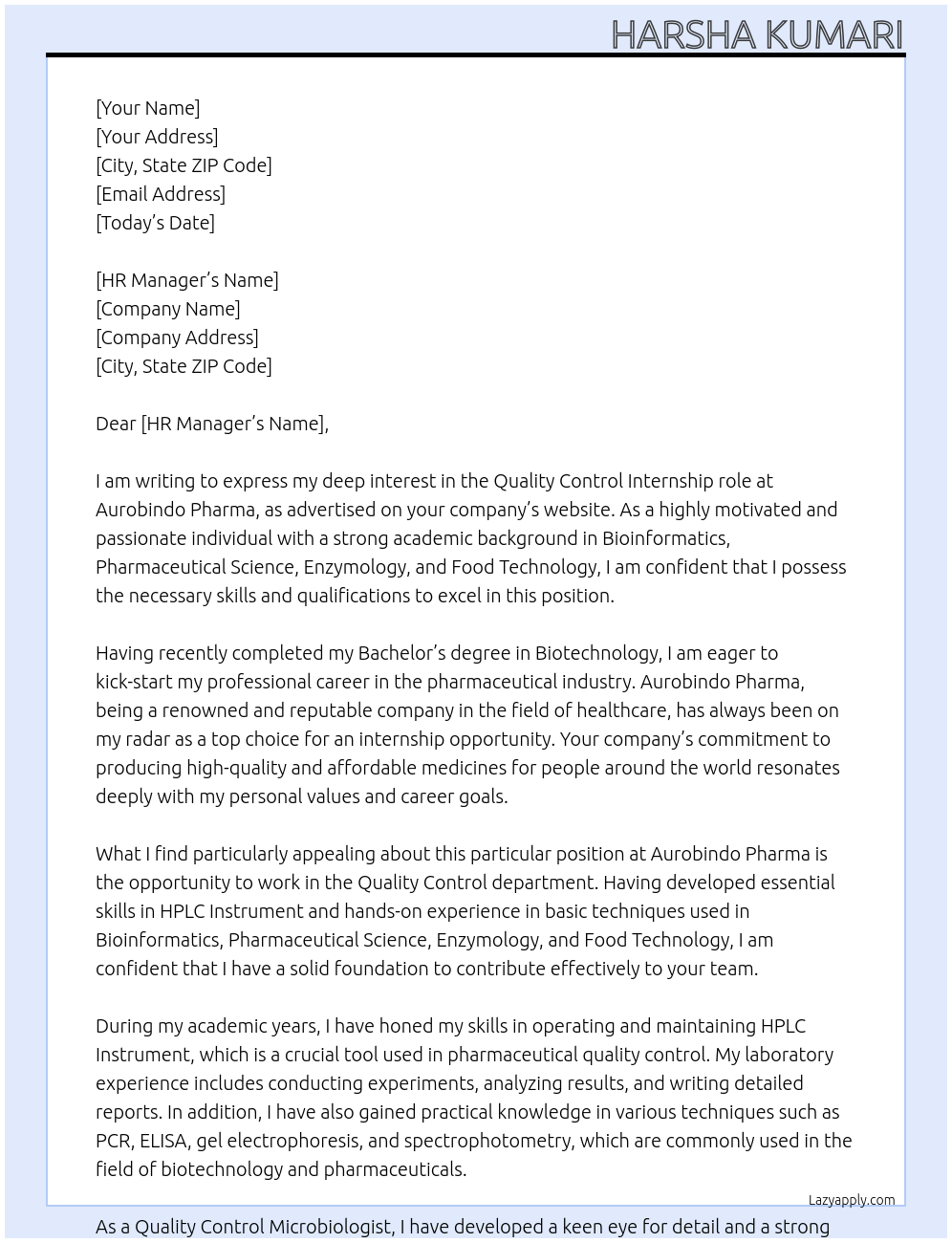 Quality Control At Aurobindo Pharma Cover Letter