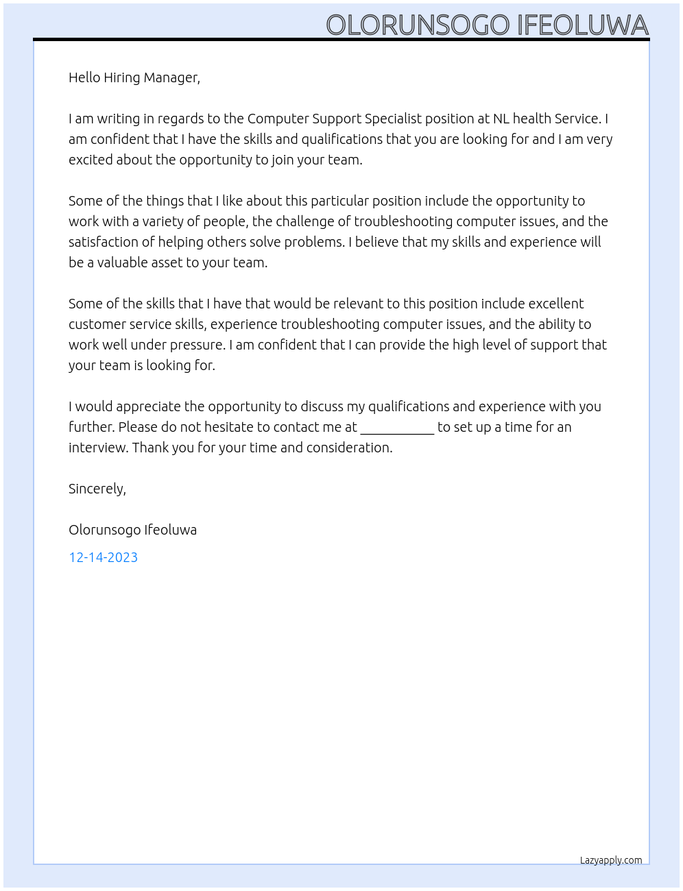 Computer Support Specialist At NL health Service Cover Letter