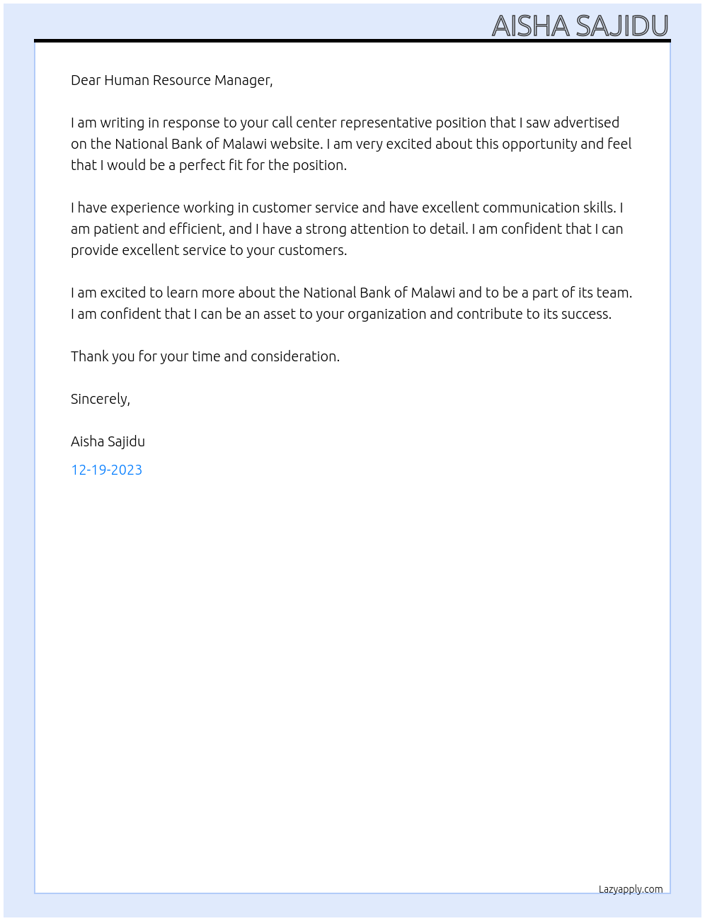 Call center representative At National Bank of Malawo Cover Letter