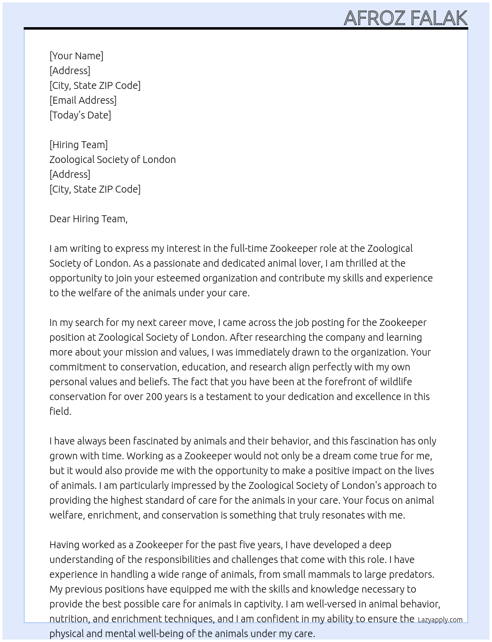 Zookeeper At Zoological Society of London Cover Letter