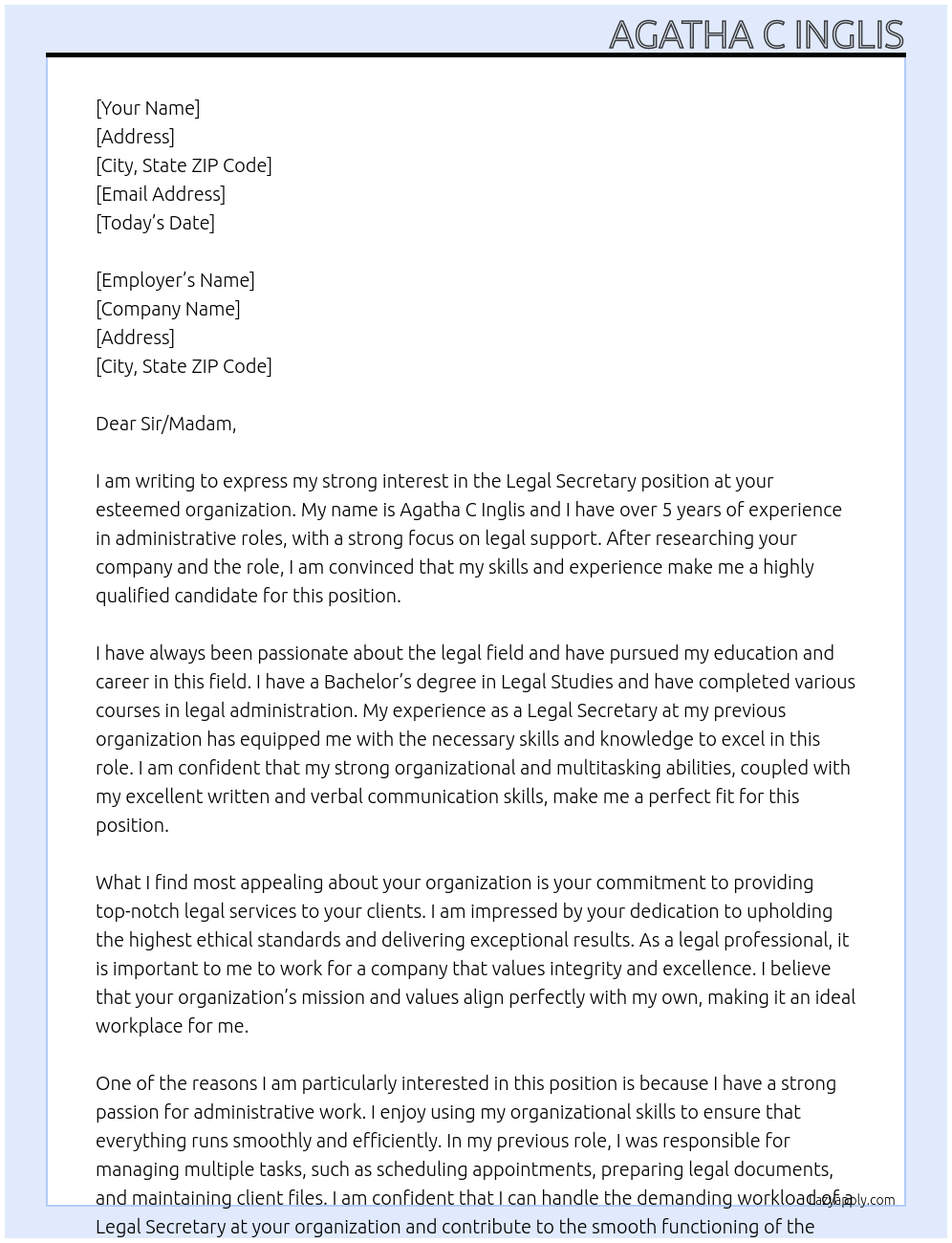 Legal secretary At your organisation Cover Letter