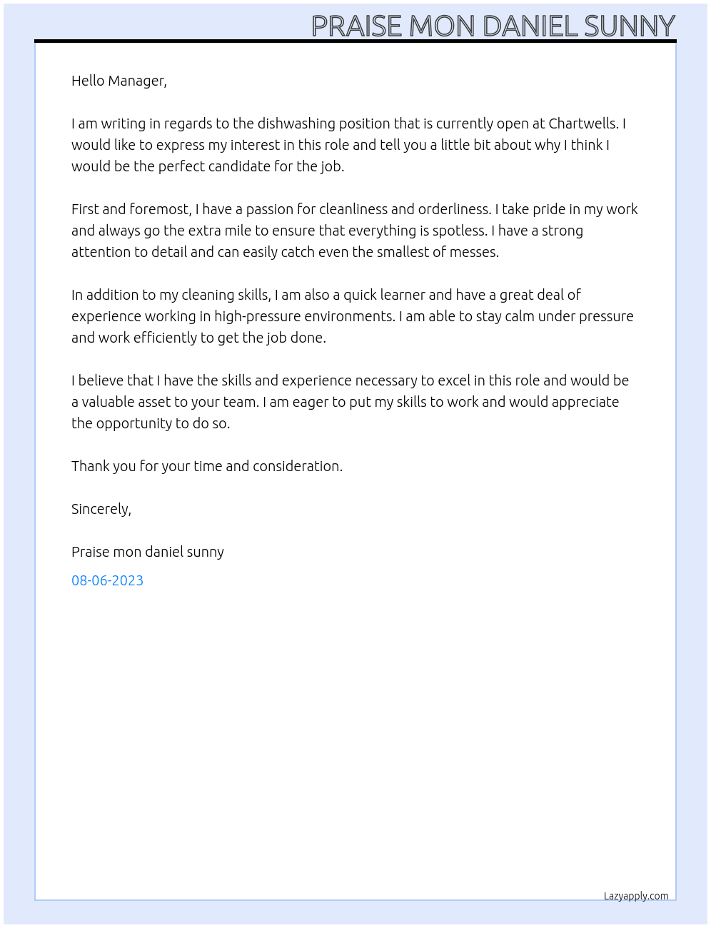 Dishwasher At Chartwells Cover Letter