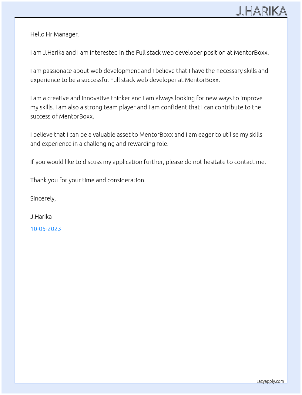 Full stack web developer At MentorBoxx Cover Letter