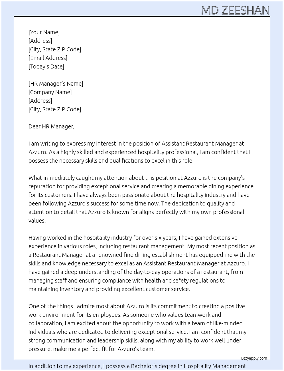 Assistant Restaurant Manager At Azzuro Cover Letter