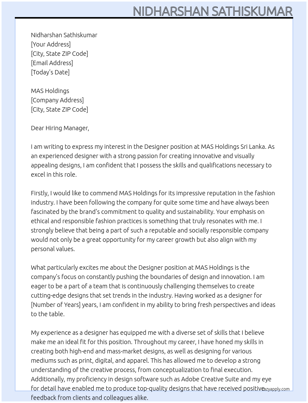 Designer At MAS Holdings Cover Letter