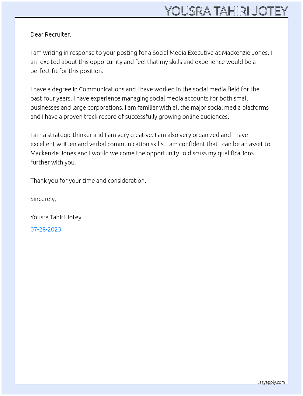 Social media executive At Mackenzie Jones Cover Letter