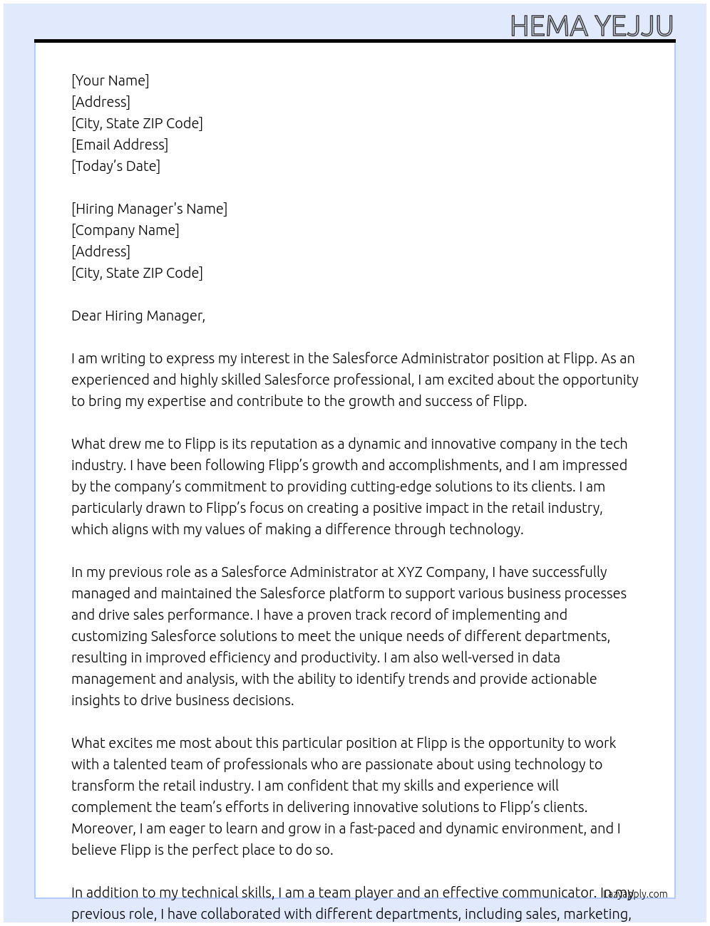 Salesforce Administrator At Flipp Cover Letter