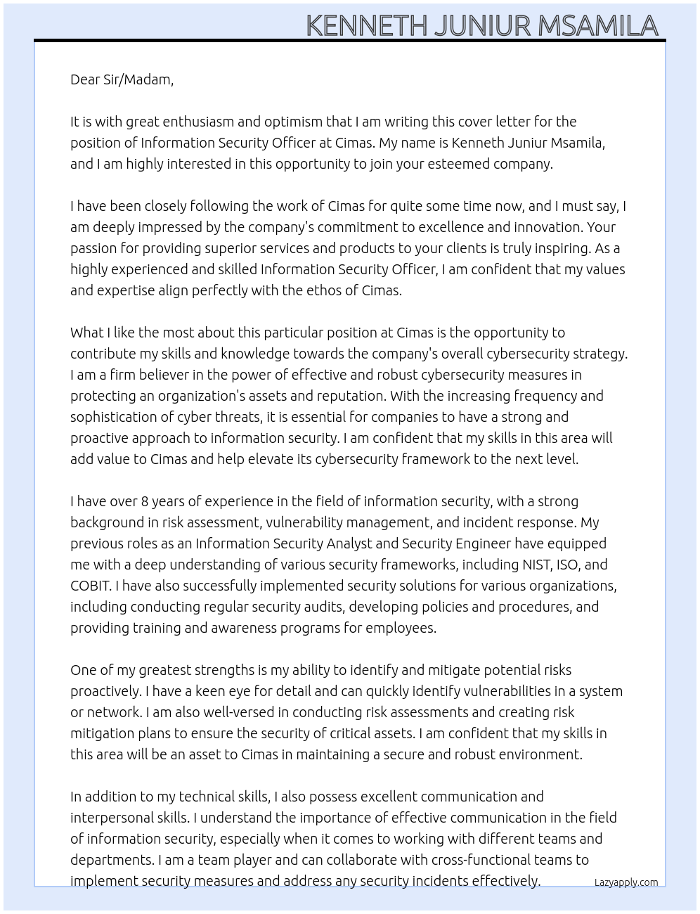Information Security Officer  At Cimas Cover Letter