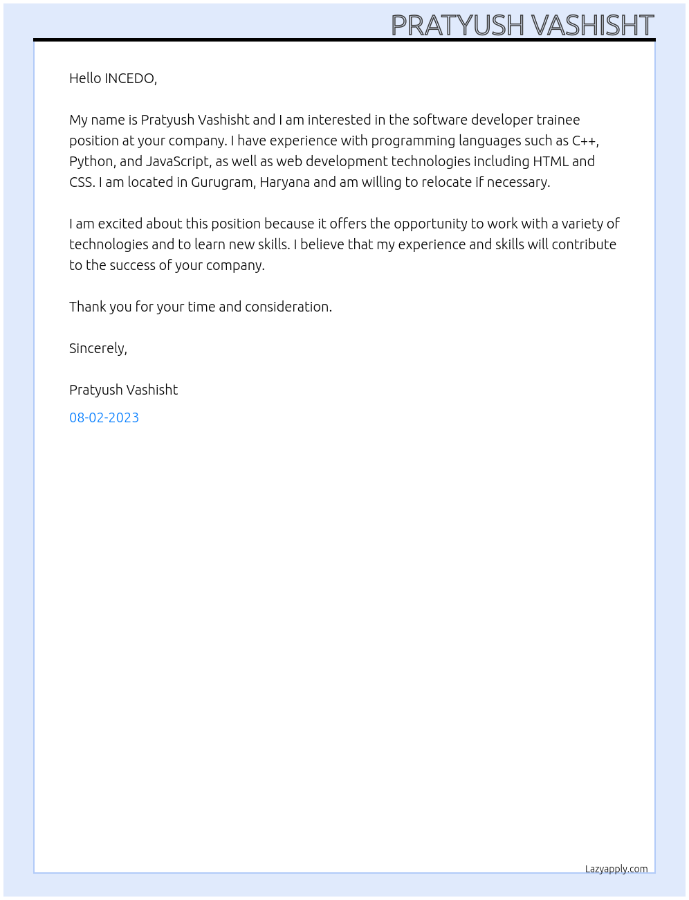 software developer trainee At INCEDO Cover Letter