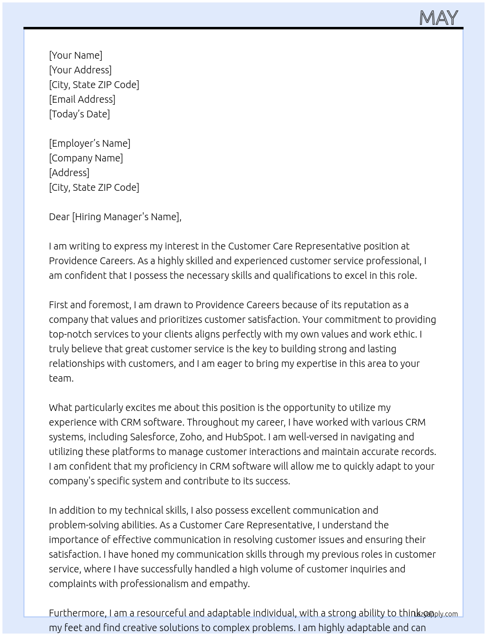 customer care representative At Providence Careers Cover Letter