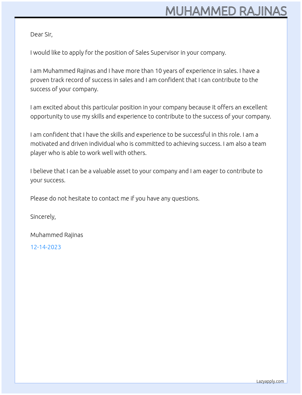 Sales Supervisor At Company Cover Letter