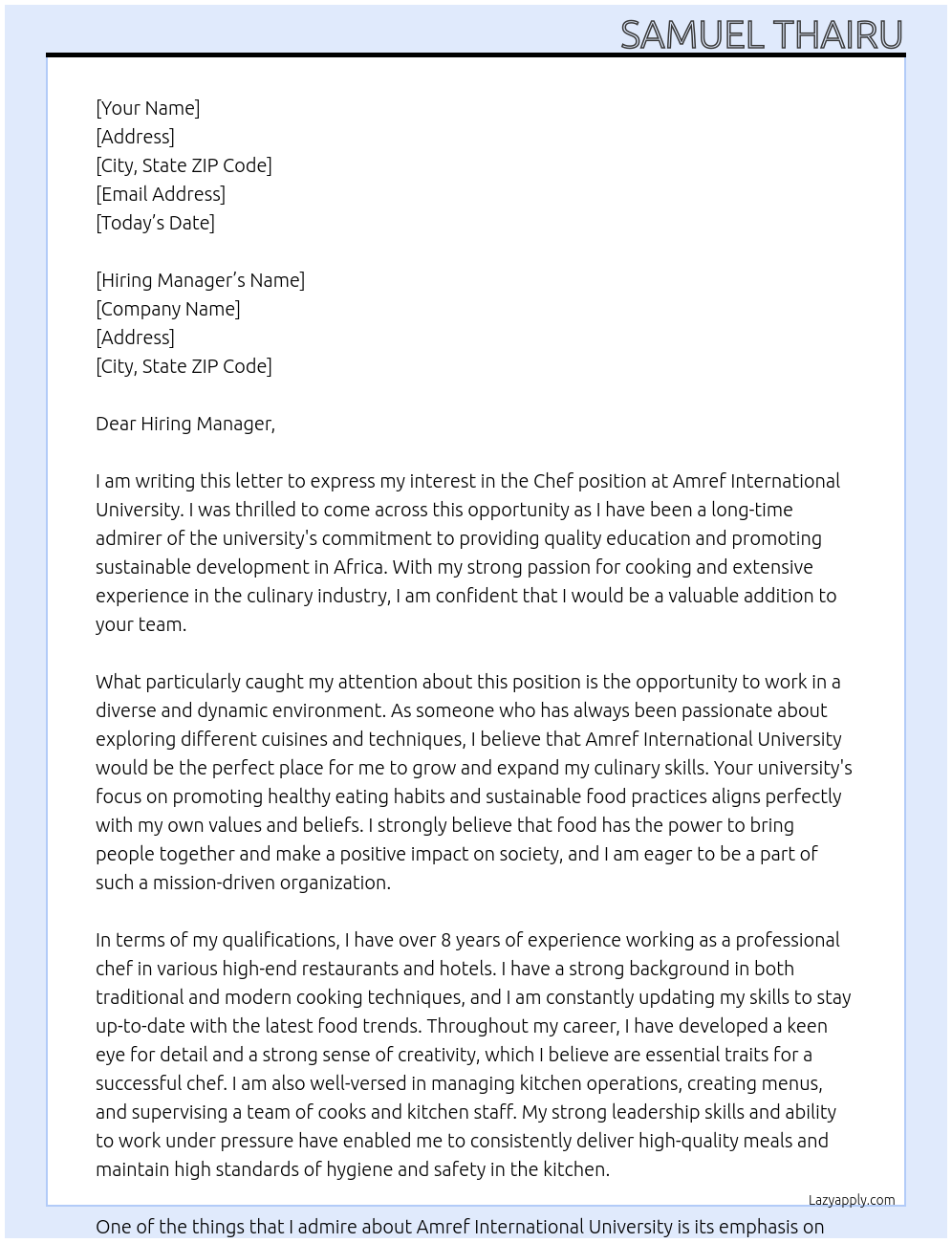 Chef At Amref International Univeristy Cover Letter