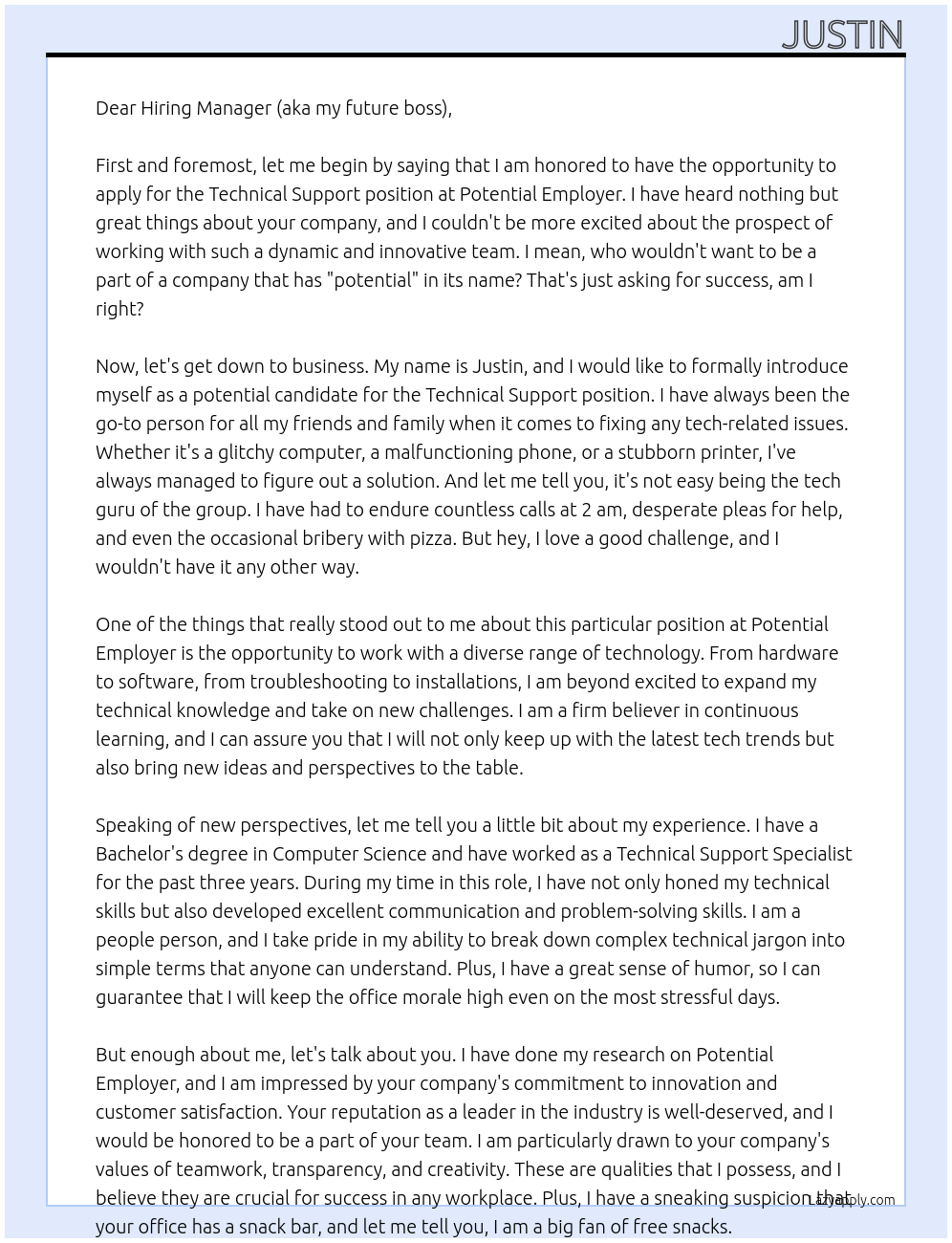 Technical Support At Potential Employer Cover Letter